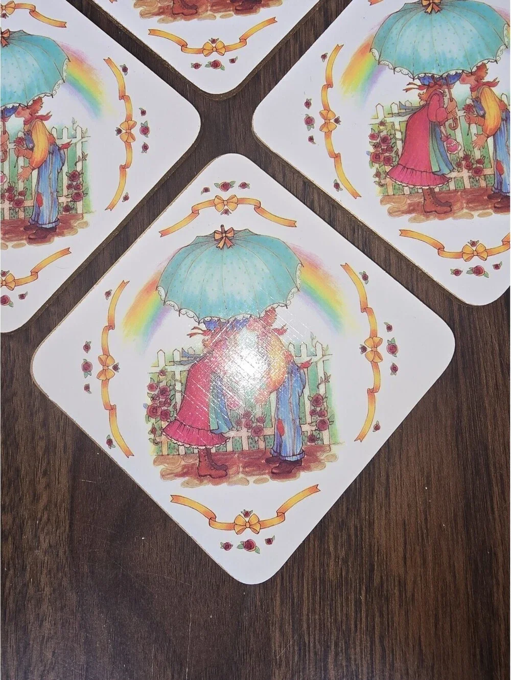 “Vintage Country Girl Boy Rainbow Cork Coaster Cottagecore Holly Hobbie Style”